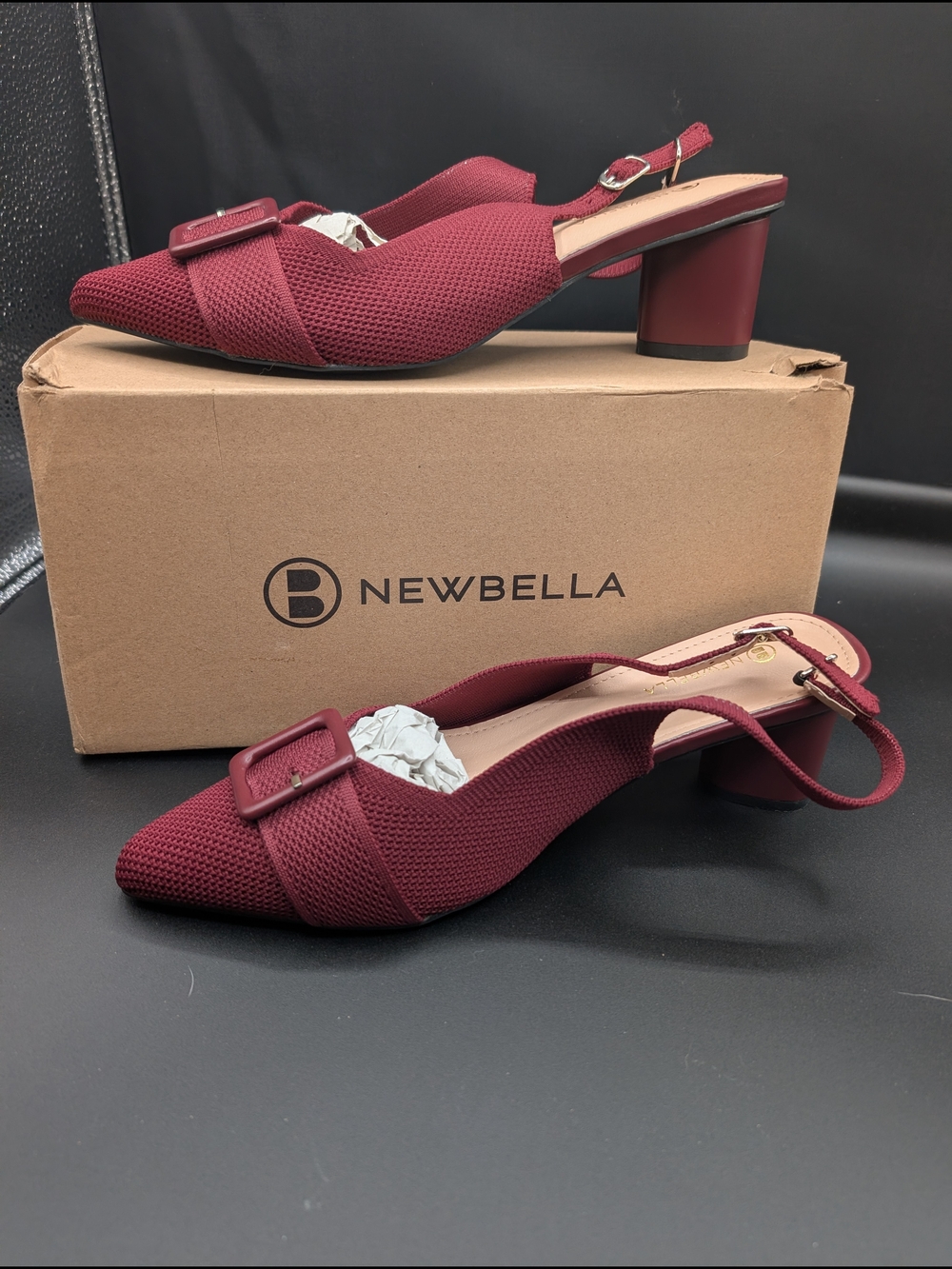 NEWBELLA Women's Slingback Low Block Heel in Burgundy